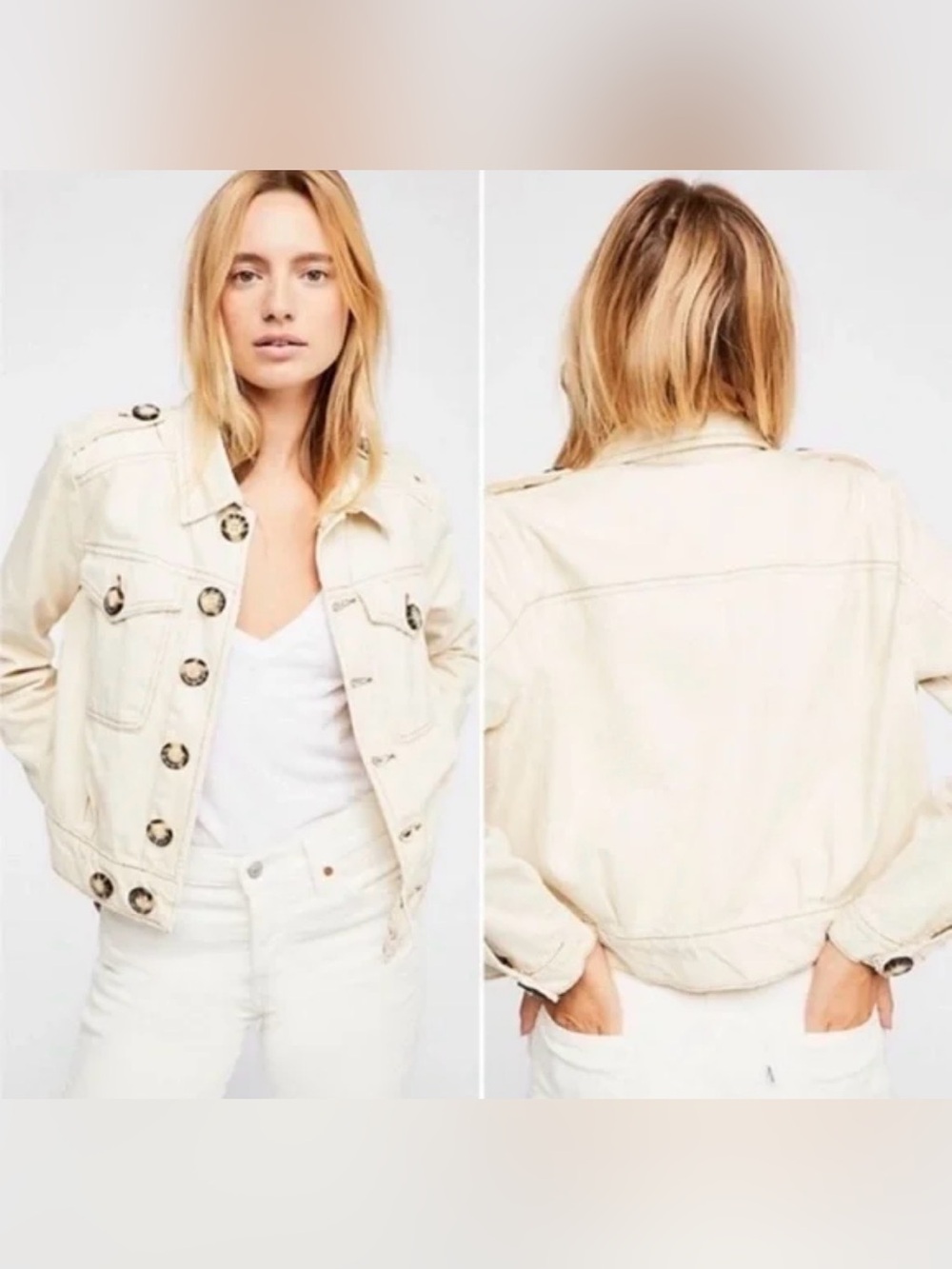 Free People 100% Cotton Denim Slouchy Eisenhower Jean Jacket in Ecru Sand (XS)